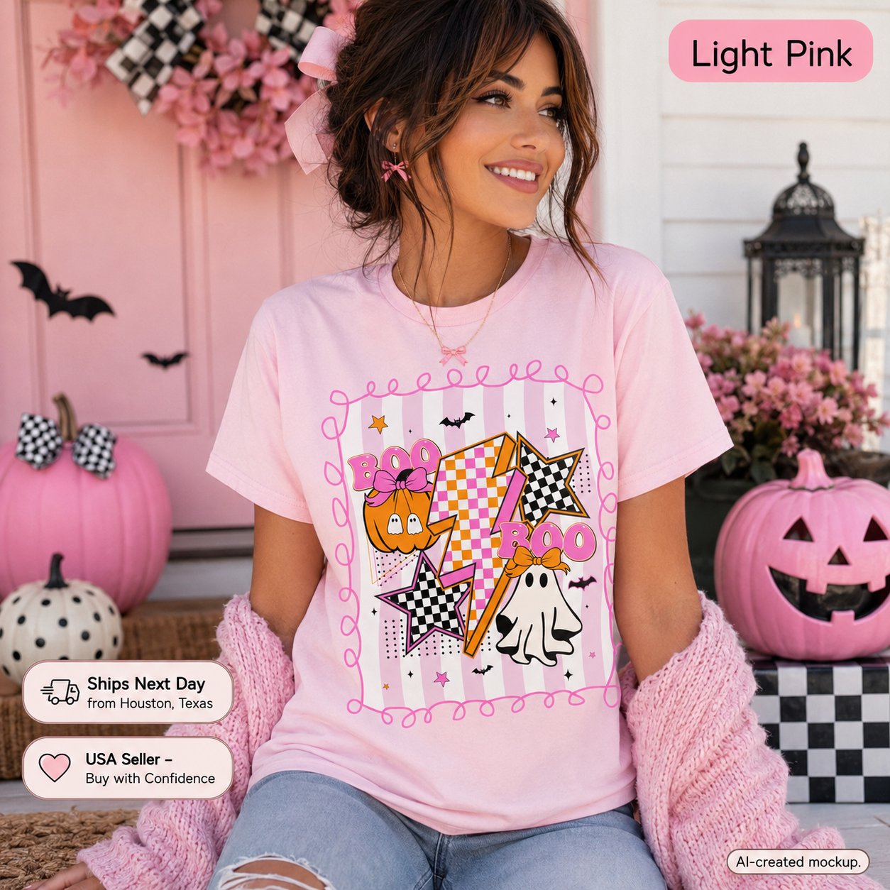 A woman wearing a light pink Halloween graphic t-shirt with a 'Boo Ho Ho' design featuring a witch hat, pumpkin, and ghost. The scene is decorated with pumpkins, a pink door, and a black-and-white checkered pattern, with promotional badges overlaid on the image.