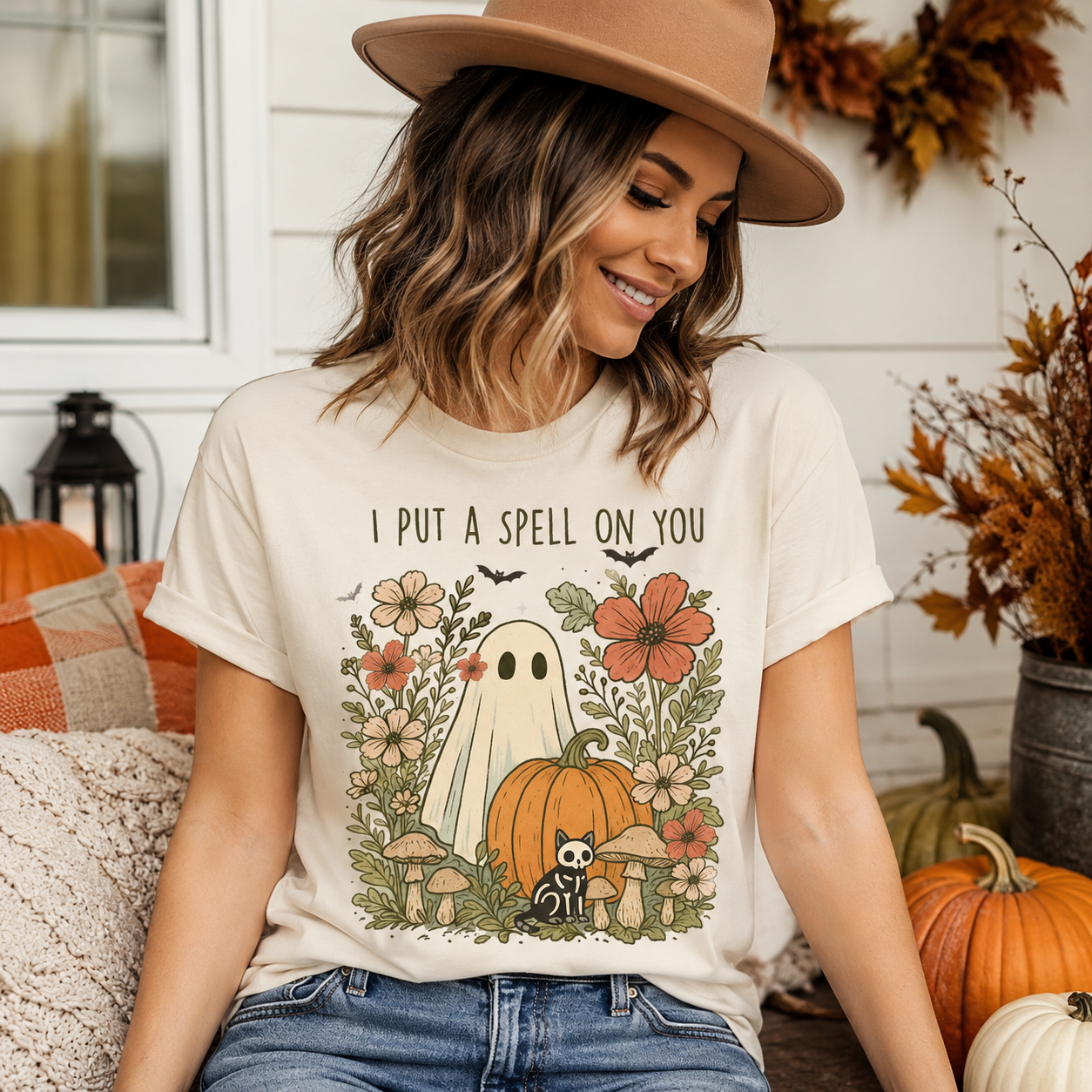 A woman wearing a beige graphic t-shirt with a Halloween design featuring a ghost, pumpkin, flowers, and the text 'I PUT A SPELL ON YOU'. She is also wearing a brown wide-brim hat, sitting in a cozy autumn-themed setting with pumpkins and fall decorations.