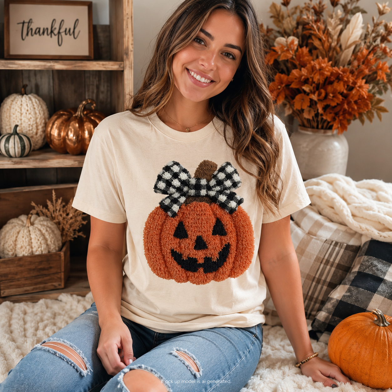 A woman sitting on a white shag rug wearing a cream-colored t-shirt with a crocheted orange pumpkin graphic and a black-and-white buffalo check bow. The background features a cozy fall-themed room with wooden shelves, pumpkins, and dried flowers.
