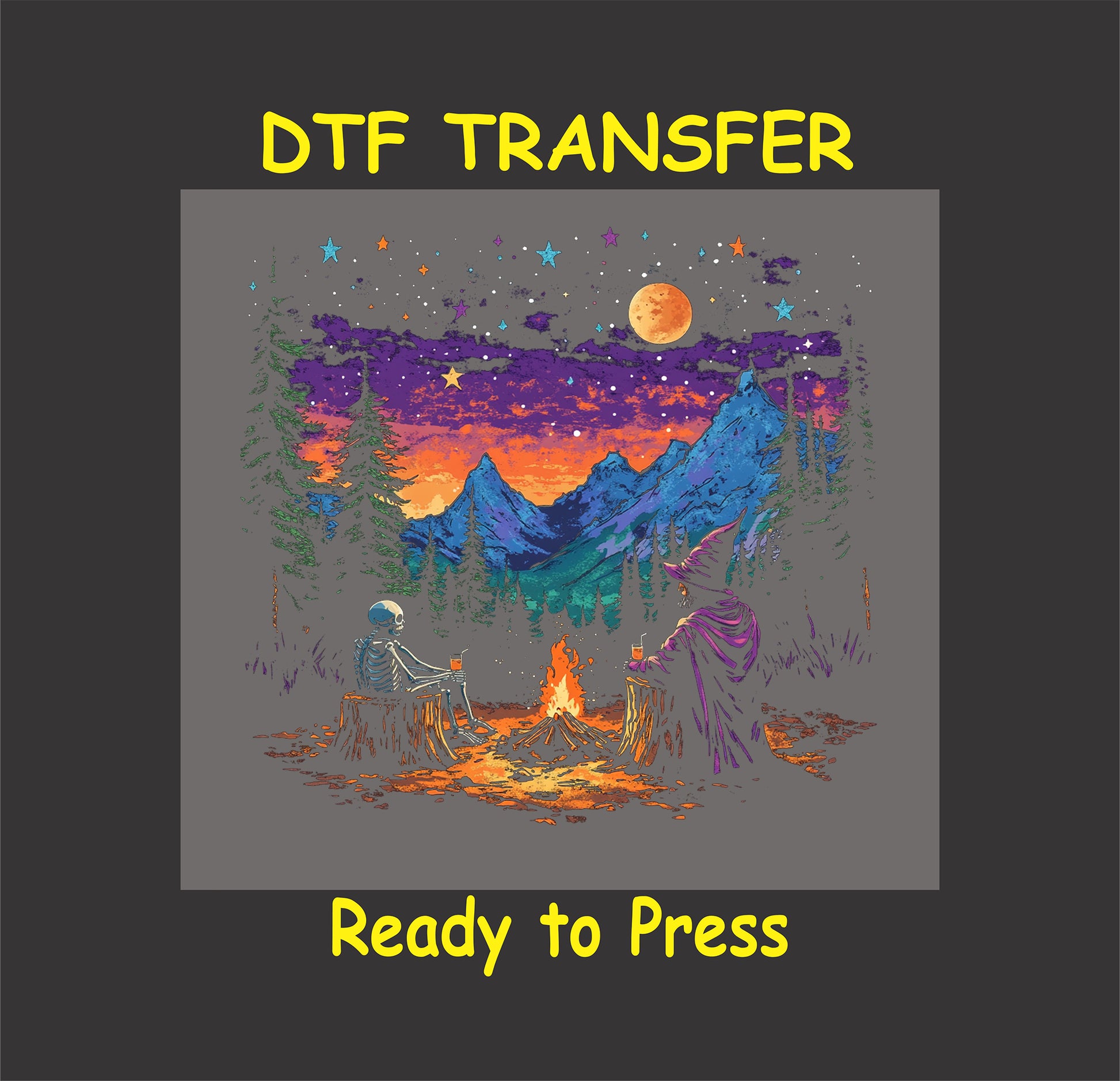 DTF transfer with witch and skeleton by campfire under stars, moon, and mountains.