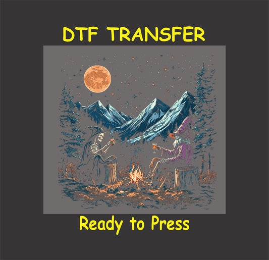 DTF transfer with witch and skeleton by fire, mountain background, and full moon.