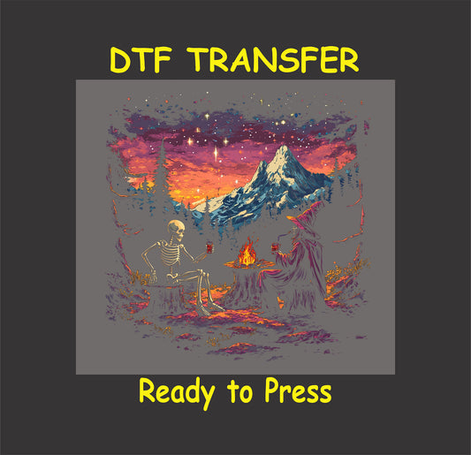 DTF transfer with witch and skeleton by fire under stars and mountain sunset.