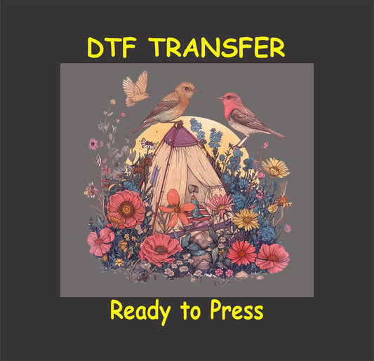 DTF transfer with camping tent, wildflowers, birds, and moonlight.