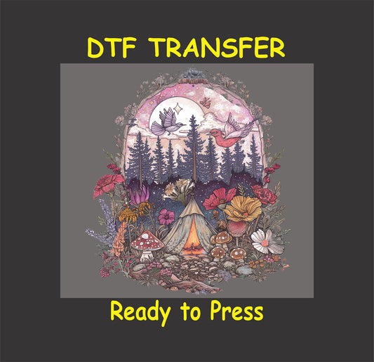 DTF transfer with tent, forest, birds, mushrooms, and full moon in whimsical style.