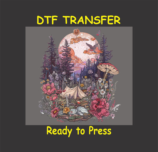 DTF transfer with tent, flowers, large mushrooms, pink clouds, and birds.