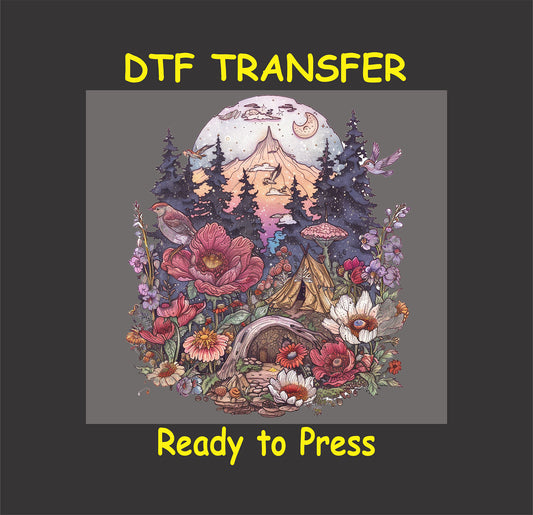 DTF transfer with tent, large flowers, birds, moon, and forest in whimsical style.