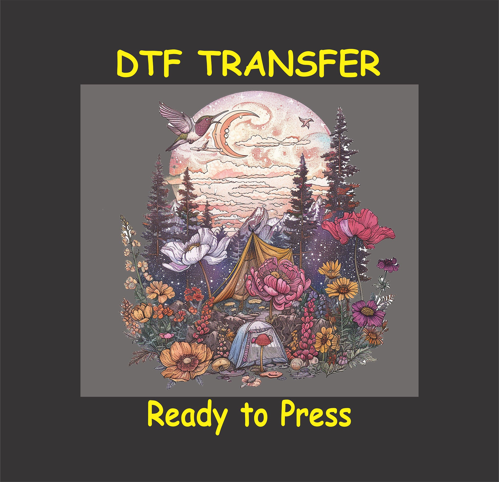 DTF transfer with golden tent, crescent moon, florals, mushrooms, and bird.