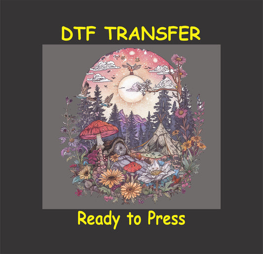 DTF transfer with tent, wildflowers, mushrooms, sun, and birds in forest setting.