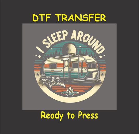 Retro RV DTF transfer with phrase I Sleep Around, moon, stars, and trees.