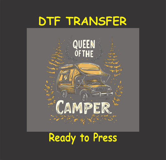 DTF transfer with yellow RV, pine trees, and text Queen of the Camper.