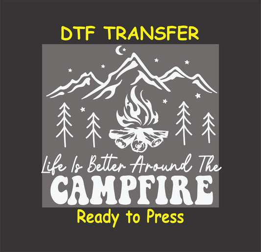 White DTF transfer with mountains, trees, fire, and camp quote for dark shirts.