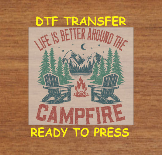 Distressed DTF transfer with chairs, fire, trees, mountains, and camping quot