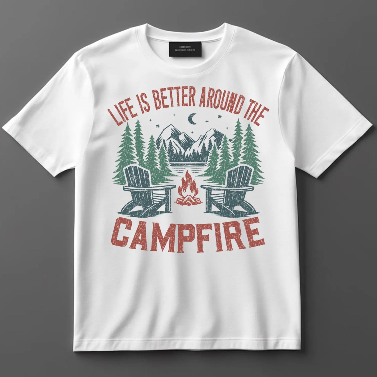 Camping DTF Transfer Iron On Heat Transfer - Ready to Press, Distressed Rustic Campfire DTF Transfer 7017