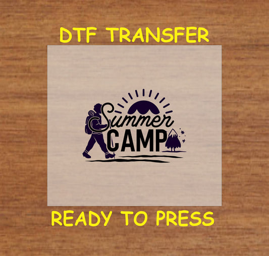 Summer Camp DTF transfer with hiker, sunrise, mountain, and tree.