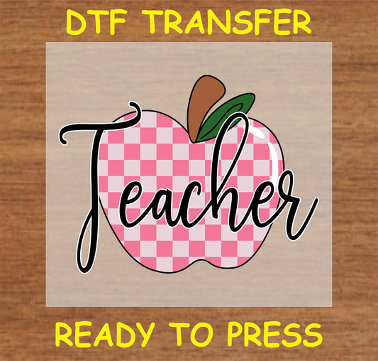 "Teacher" DTF Transfer with pink plaid apple design for educators