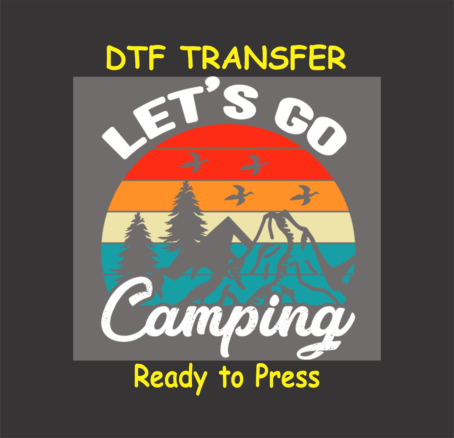DTF transfer with "Let’s Go Camping" in white text over a retro striped sunset with birds, trees, and mountains.