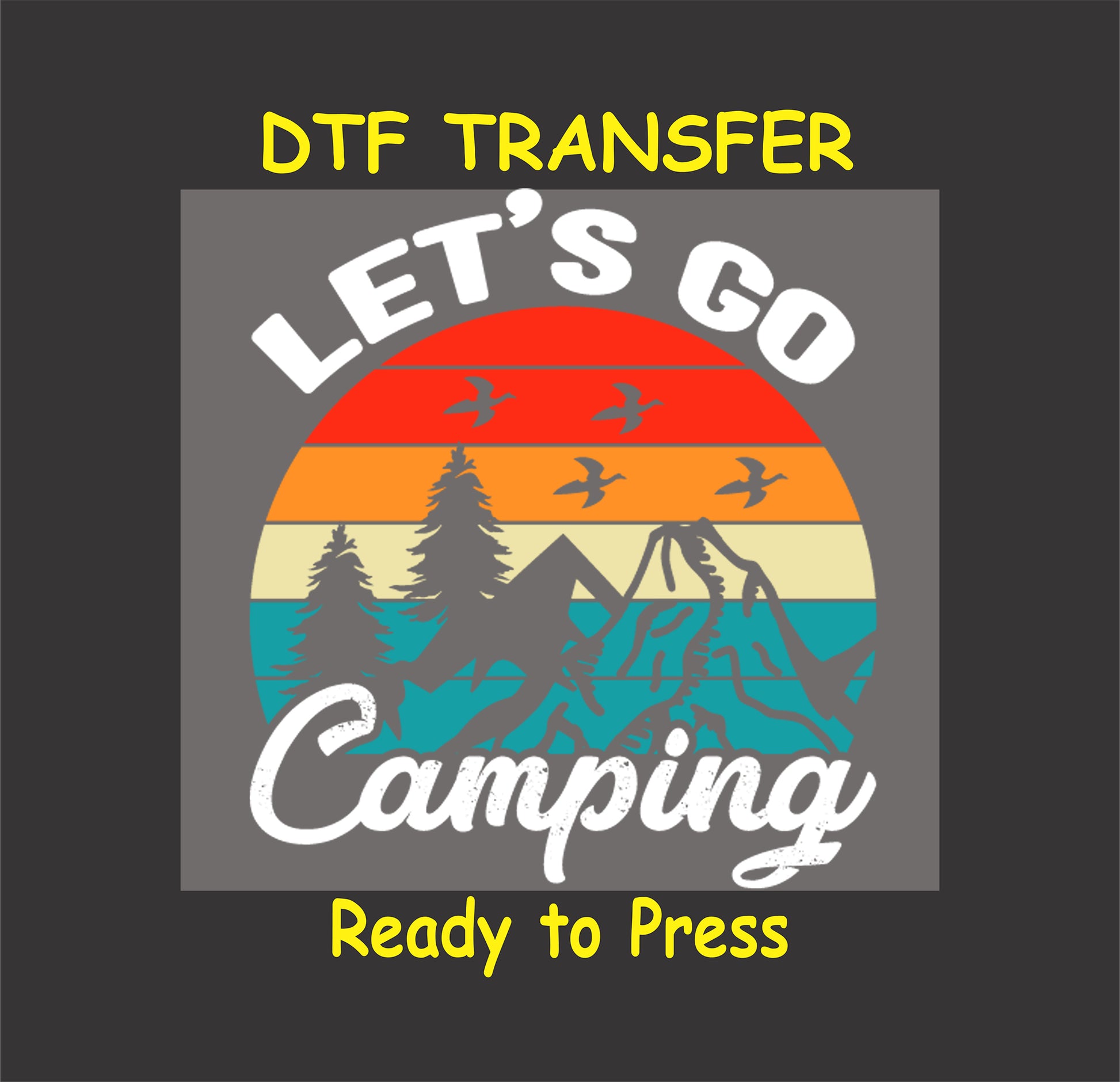 DTF transfer with "Let’s Go Camping" in white text over a retro striped sunset with birds, trees, and mountains.
