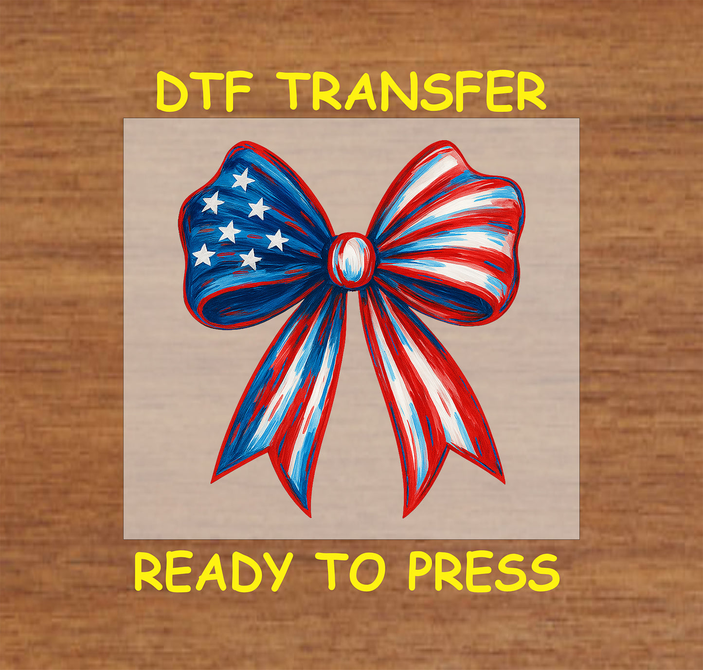 DTF transfer with brush stroke bow in red, white, and blue with stars.
