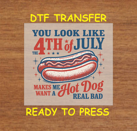 4th of July hot dog DTF transfer with red, white, and blue text.
