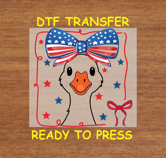 Goose DTF transfer with patriotic bow and red blue stars.