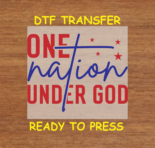 One Nation Under God dtf transfer with cross and red white blue text.