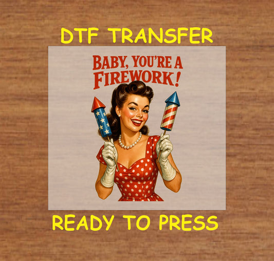 Retro 4th of July pin-up girl holding red and blue fireworks DTF transfer.