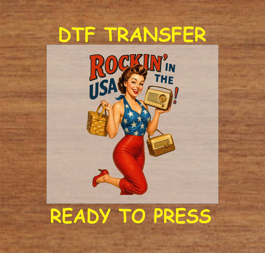 Retro woman with picnic basket and radio in patriotic outfit DTF transfer.