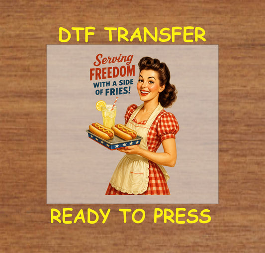 Retro woman serving hot dogs and lemonade in patriotic outfit DTF transfer.