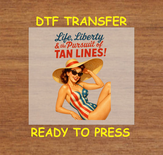 Retro woman in patriotic swimsuit and sunhat with 4th of July text DTF transfer.