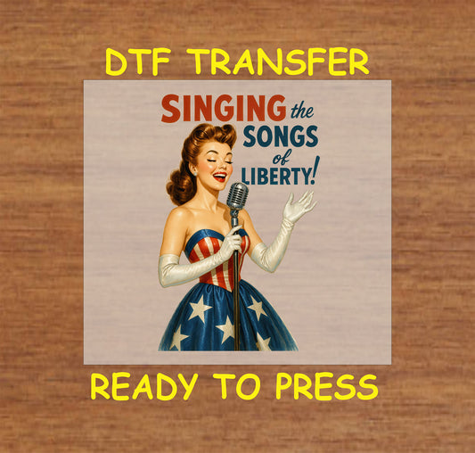 Retro pinup singer in patriotic dress with microphone and text Singing the Songs of Liberty.