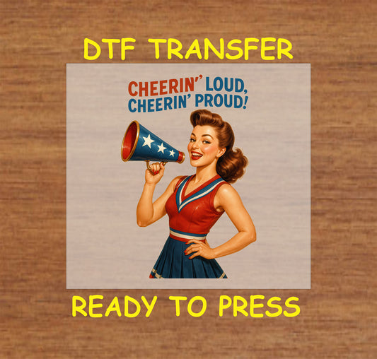 Retro pinup cheerleader holding a patriotic megaphone with text Cheerin' Loud Cheerin' Proud.