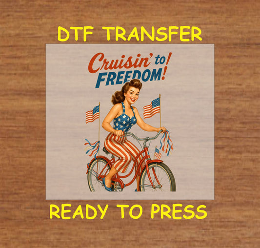 Retro woman on red bike with flags and patriotic outfit, text reads Cruisin’ to Freedom.