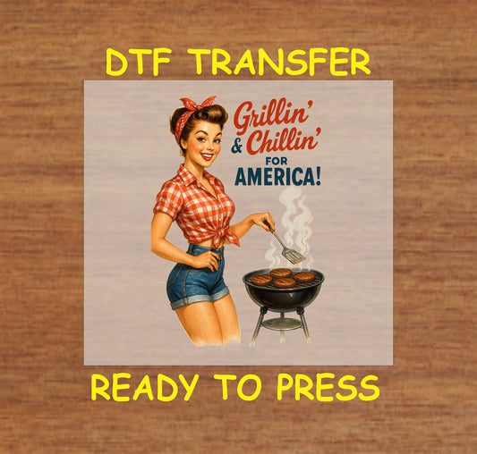 Retro woman grilling burgers with Grillin’ & Chillin’ for America text.