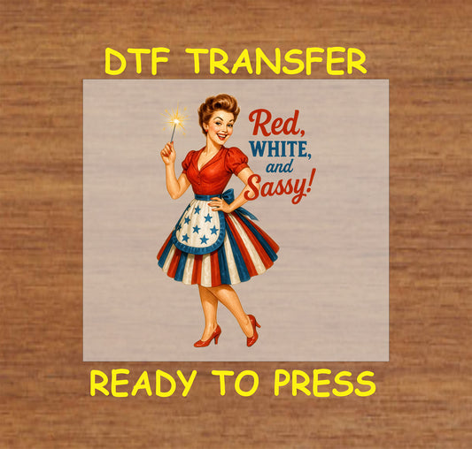 Pin-up girl holding sparkler in red white and blue dress with Red White and Sassy text.