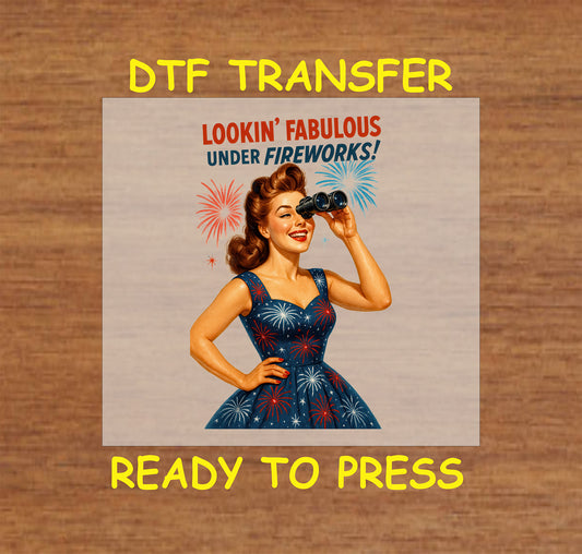 Retro pin-up girl with binoculars wearing fireworks dress and Lookin’ Fabulous Under Fireworks text.