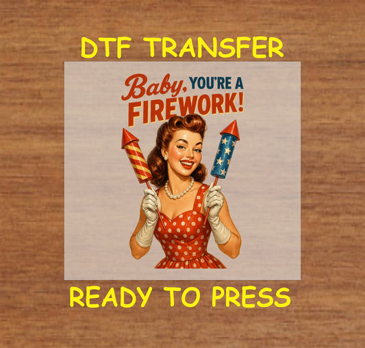 Pin-up woman holding fireworks with Baby You're a Firework text in red, white, and blue