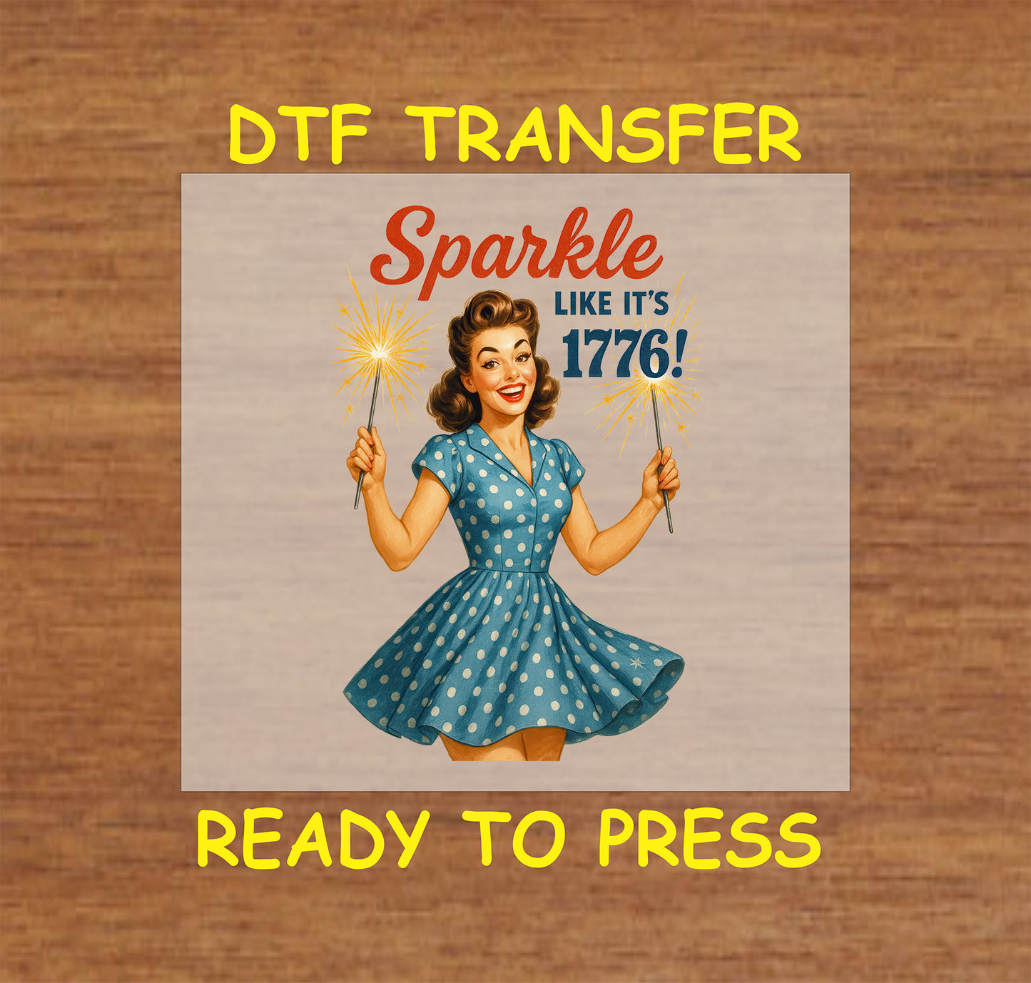 Retro woman holding sparklers with Sparkle Like It's 1776 text in red and blue.