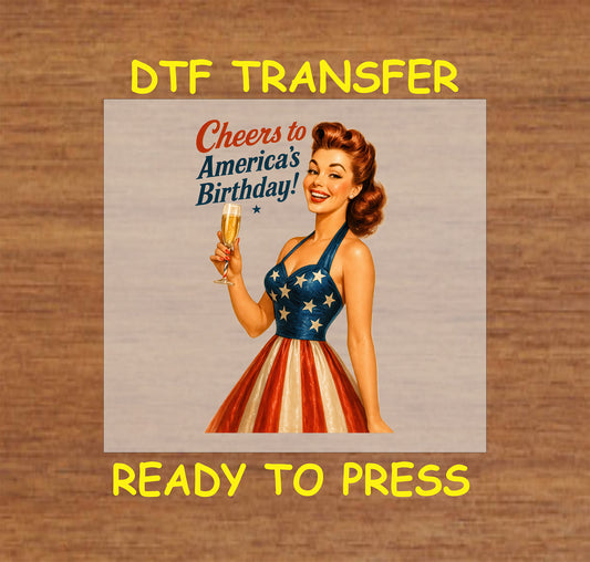 Retro woman in patriotic dress holding champagne with Cheers to America's Birthday text.