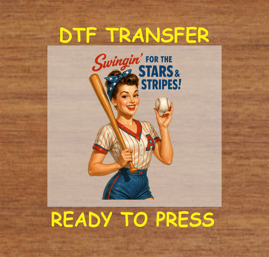 Retro woman in baseball uniform holding bat and ball with Swingin’ for the Stars & Stripes text.