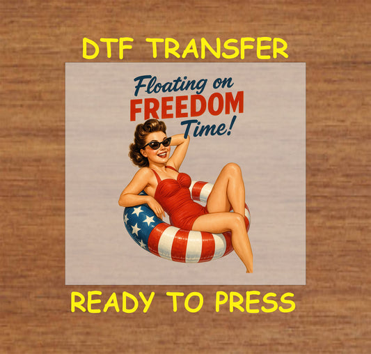 Retro woman in red swimsuit relaxing in American flag float with Floating on Freedom Time text.