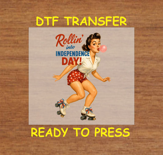Retro girl on roller skates blowing bubblegum with Rollin into Independence Day text.