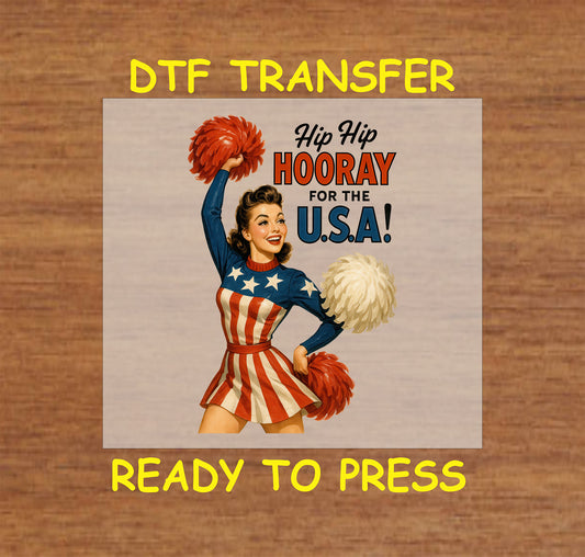 Retro cheerleader with red white and blue pom-poms and Hip Hip Hooray for the USA text.