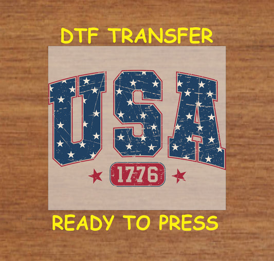 Distressed USA text with stars and 1776 badge in red, white, and blue.