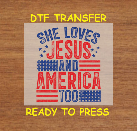 Distressed red and blue text saying She Loves Jesus and America Too with stars and stripes.