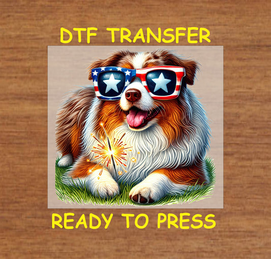 Dog with patriotic sunglasses holding sparkler on grass.