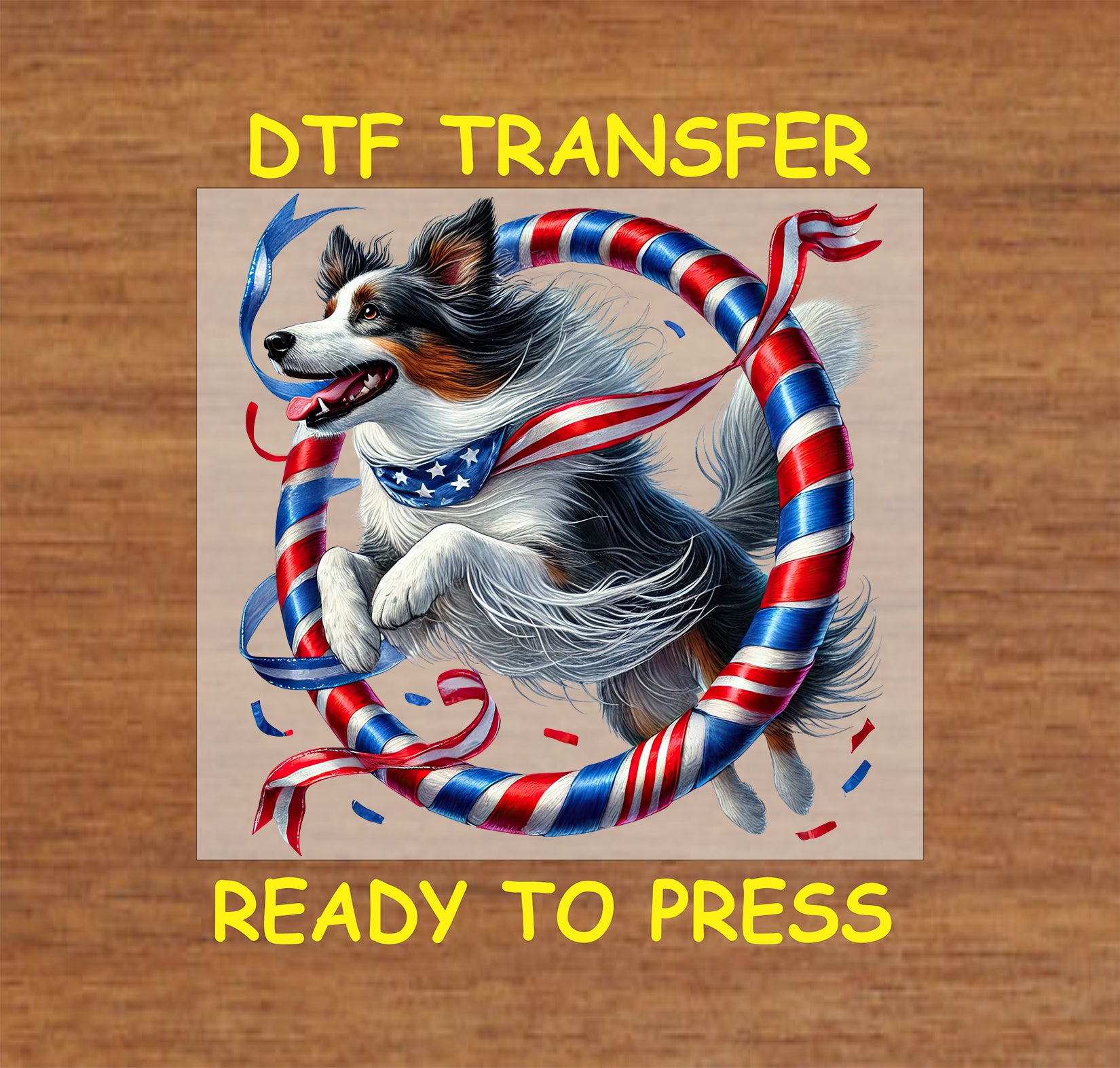 Dog jumping through red white blue hoop with patriotic bandana.