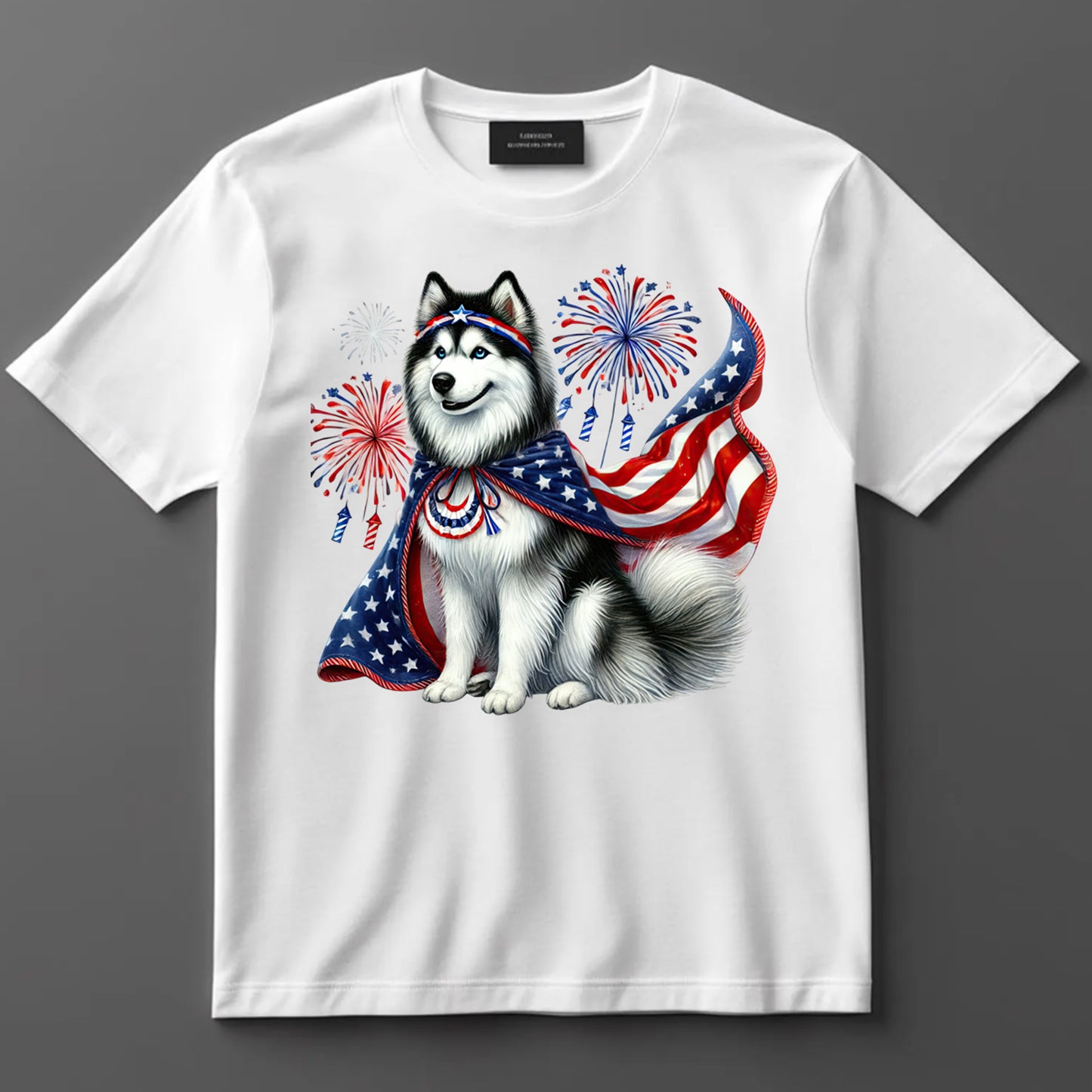 4th Of July DTF Transfer Iron On Heat Transfer - Ready to Press, Husky Dog in Patriotic Cape DTF Transfer 7205