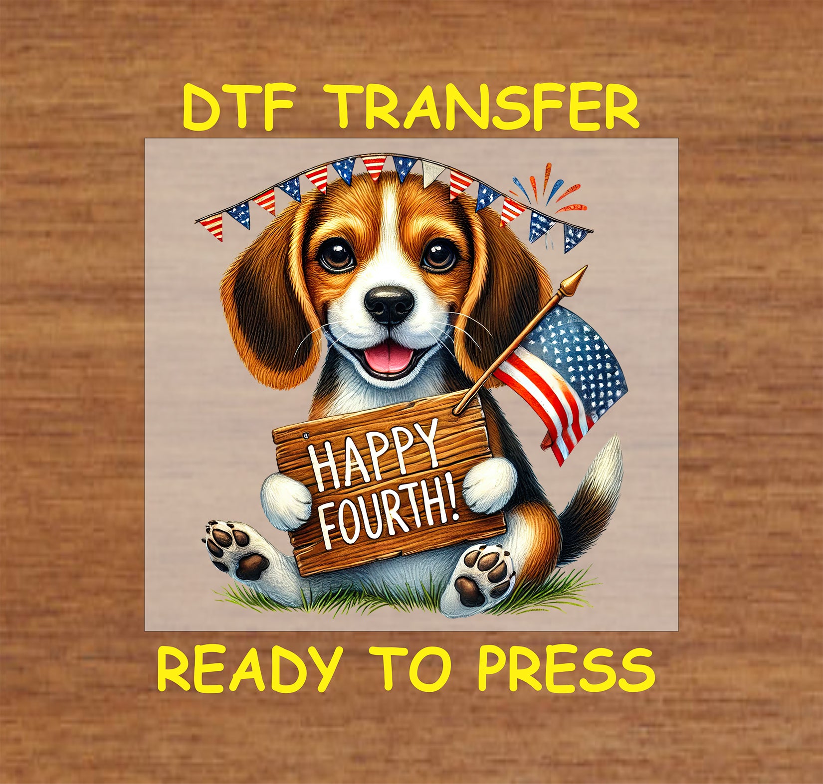 Beagle puppy holding Happy Fourth sign with American flag and bunting.