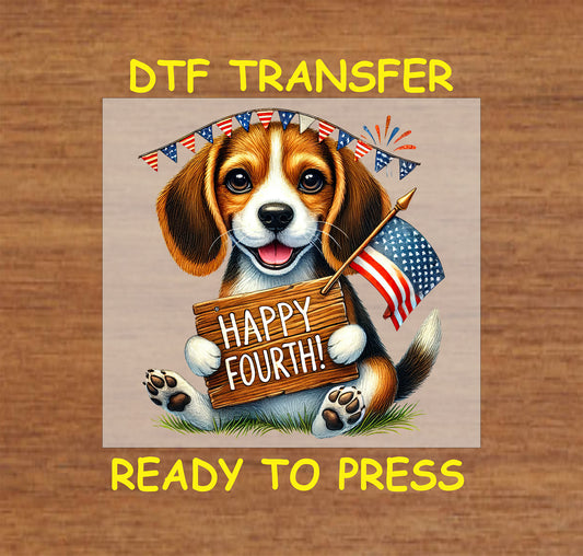 Beagle puppy holding Happy Fourth sign with American flag and bunting.