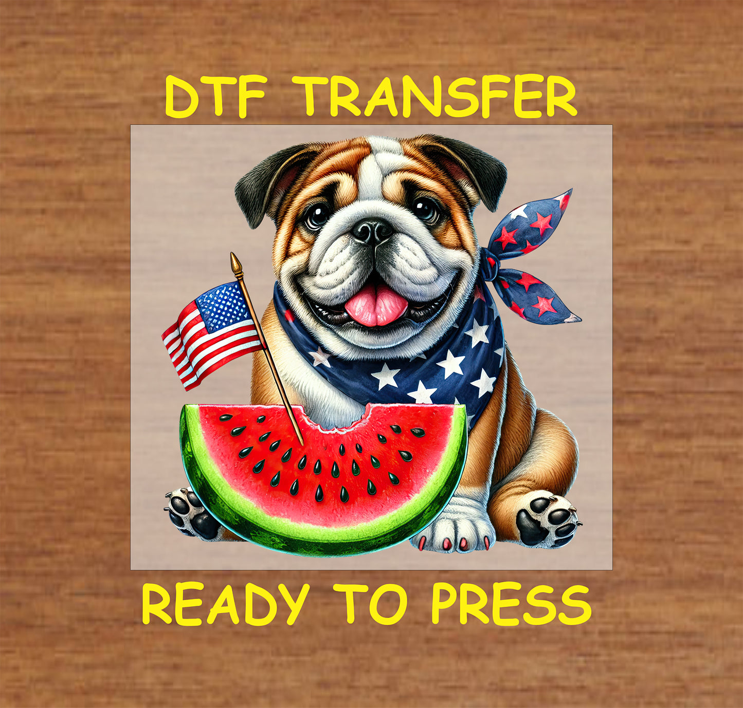 Bulldog with patriotic scarf, watermelon slice, and American flag.